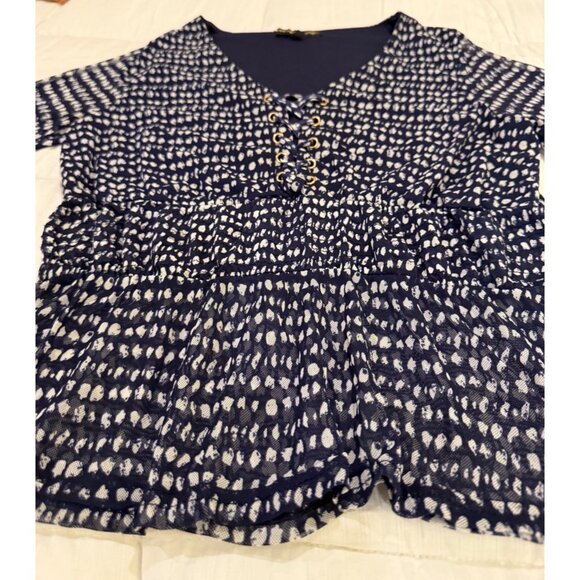 Always Indigo Womens M V-Neck Peplum Blouse Navy/White Patterned Lace-Up - Picture 2 of 8